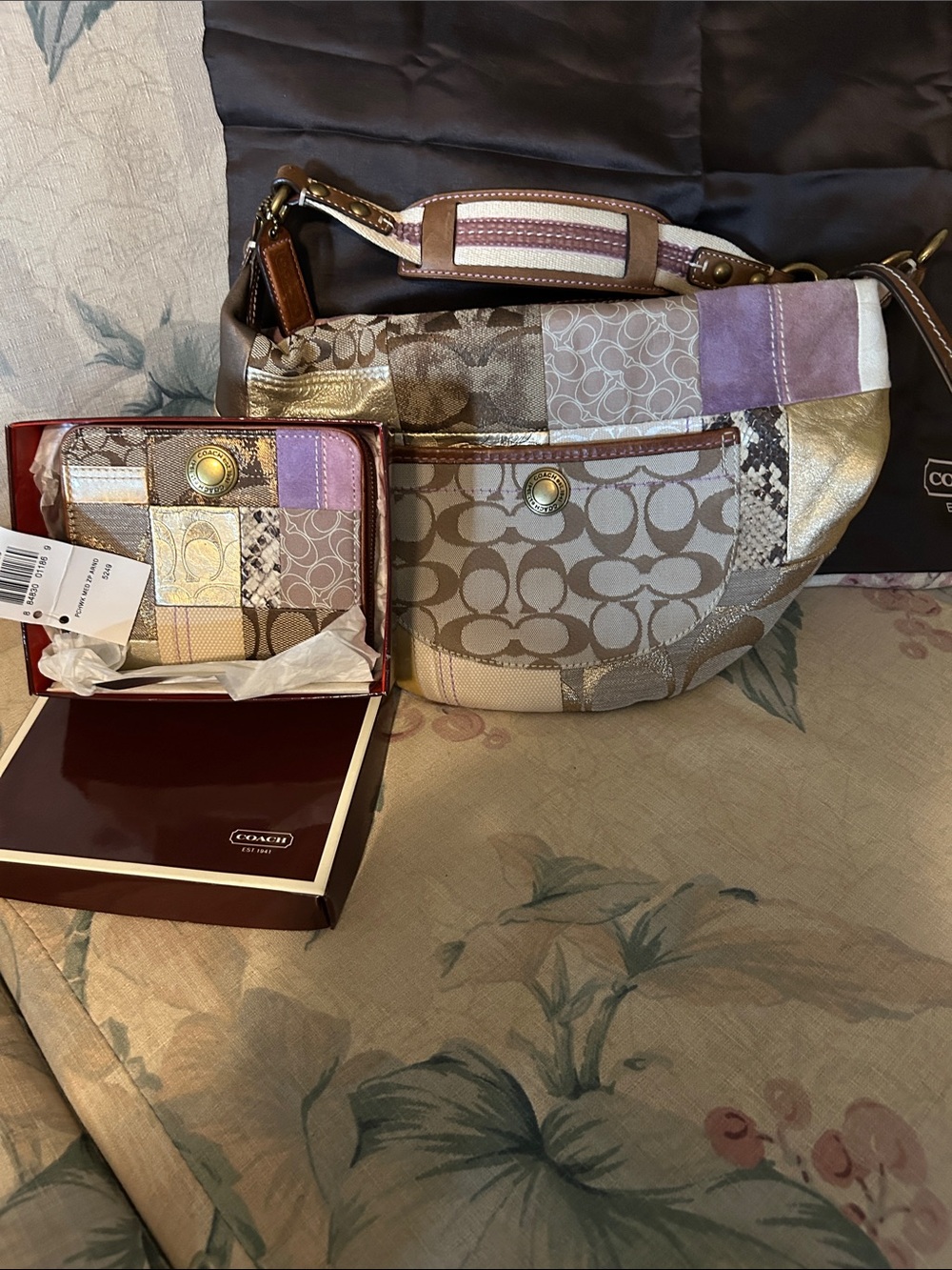 Coach Patchwork Signature Hobo Bag and Matching wallet.Neutral lavender metallic
